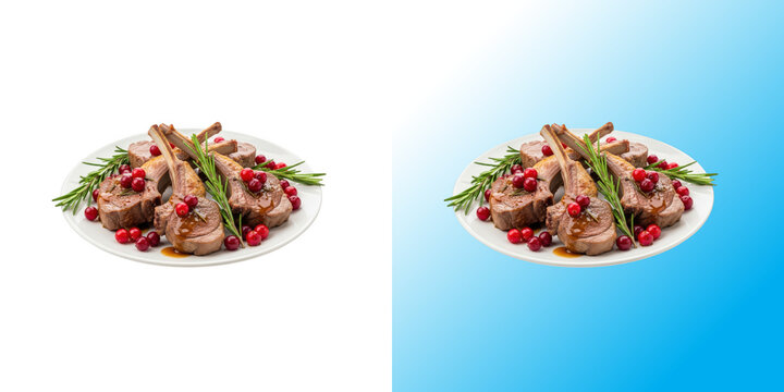 Grilled lamb chops with fresh vegetables and red berries on a white ceramic plate