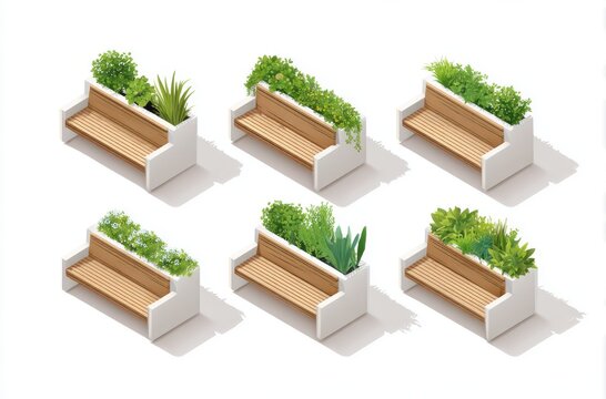 A collection of isometric wooden park benches with integrated planters containing various green plants for urban landscape design projects