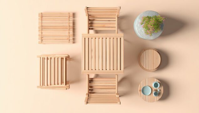 Top view of modern wooden outdoor patio furniture set with chairs and table arranged on a light beige background