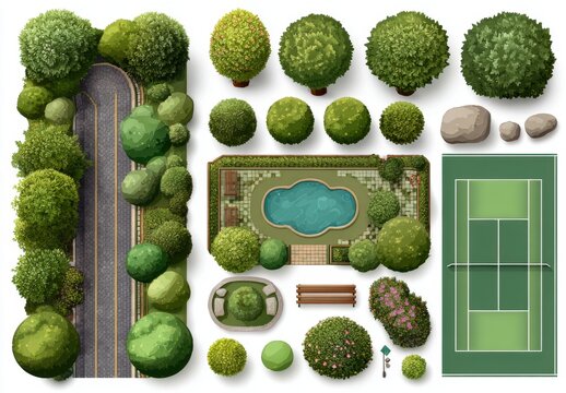 Top down view of a residential landscape design featuring a tennis court swimming pool and various lush green trees