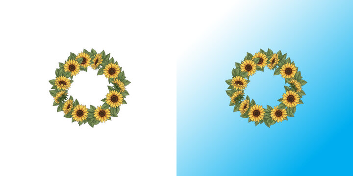 Beautiful sunflower wreath made with yellow flowers and green leaves arranged in a circle