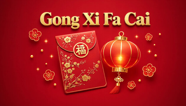 Chinese new year celebration concept with red envelope and lantern on red background