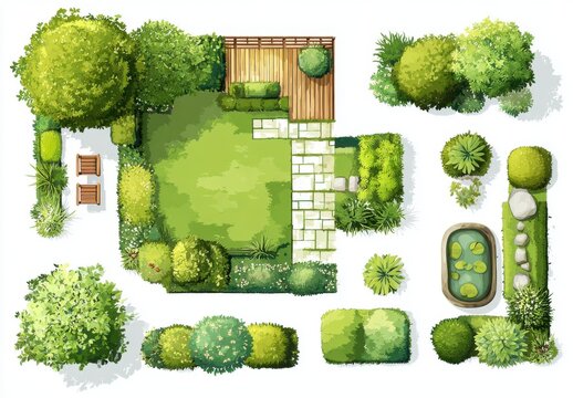 Top down view of a residential garden landscape design plan with lawn patio deck and various green trees