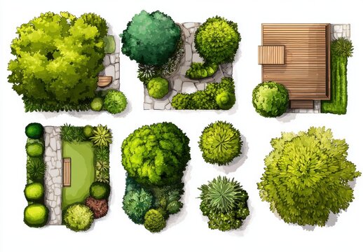 Top view set of landscape elements including various green trees bushes and a wooden patio for architectural site planning