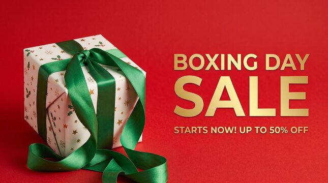 Gift box with green ribbon on a red background for a Boxing Day sale promotion