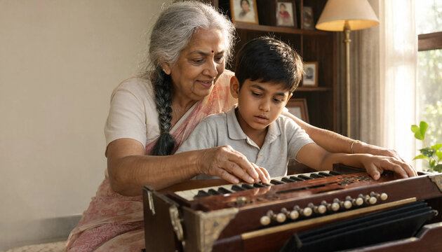 Senior woman teaching child to play harmonium indoors during daytime bonding moment