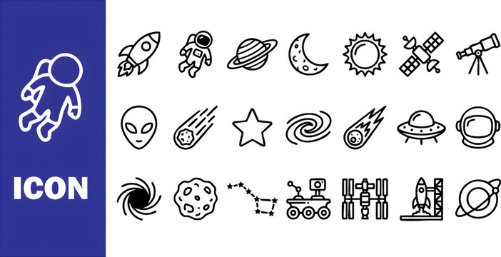 Set of space and astronomy line art icons with outer space