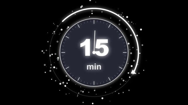 15 Minute Timer Animation Glowing Neon Digital Clock Countdown with Glowing Particles on Dark Background