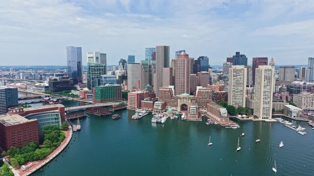 Aerial view of the Boston skyline from the harbor Massachusetts