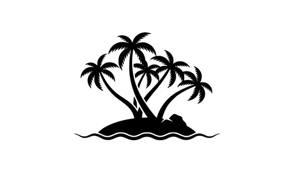 Tropical island with palm trees and ocean waves graphic black silhouette icon isolated on transparent background
