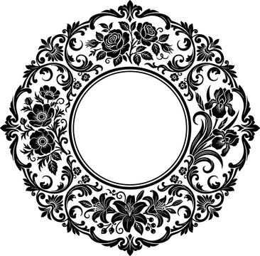 Black ornate circular floral frame rose vintage scrollwork decorative border wedding monogram editable vector silhouette lace ornament