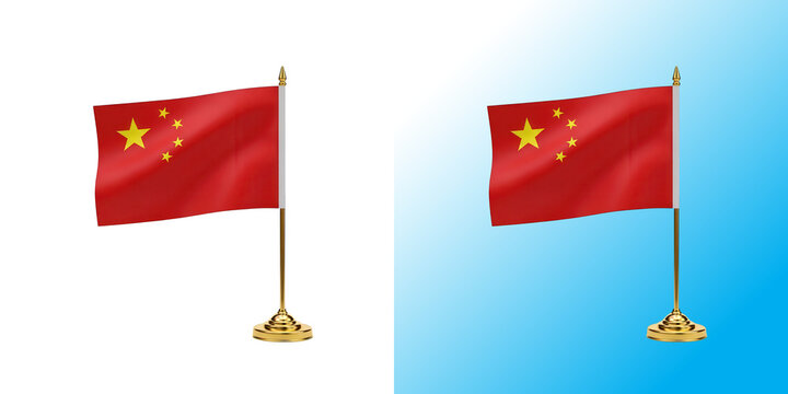 Small waving flag of china on a gold desk pole isolated on a white background