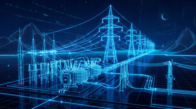 Digital wireframe illustration of an electrical power substation and high voltage transmission towers against a dark blue technological background