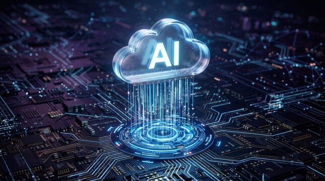 Conceptual illustration of artificial intelligence cloud computing technology with digital data streams flowing onto a futuristic circuit board