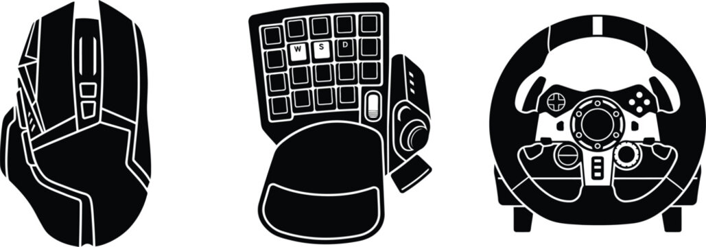 Pro gaming mouse mechanical macro keypad and racing simulator steering wheel controller black vector set