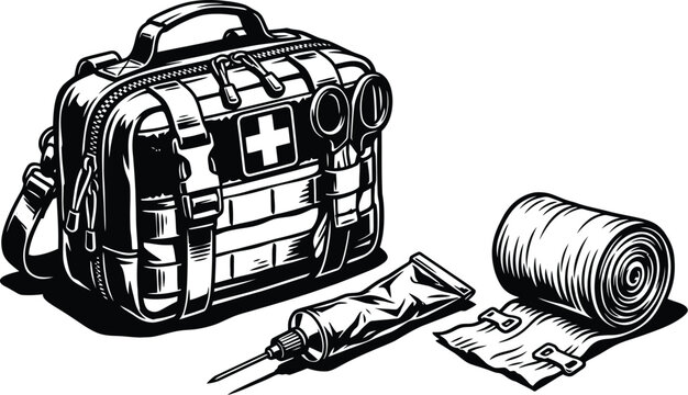 Tactical medical first aid kit bag trauma shears ointment tube and gauze bandage roll vector illustration set