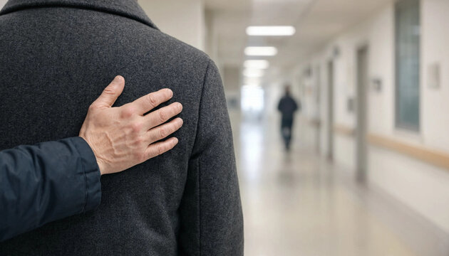 Hand on shoulder comfort support concept in hospital hallway with person walking away