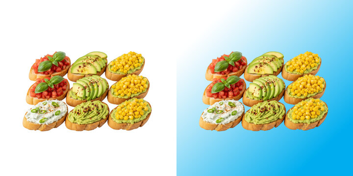 Assorted fresh bruschetta appetizers with tomato avocado and cheese toppings on bread slices