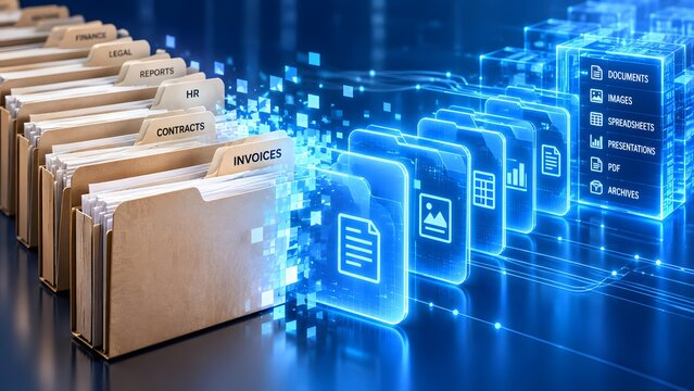 Physical manila folders transforming into glowing digital files representing document digitization and paperless office