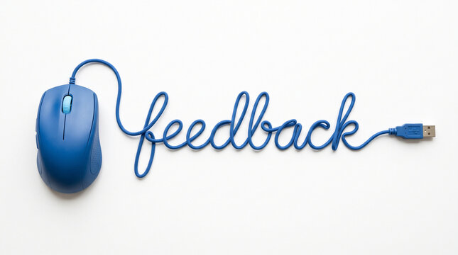 Blue computer mouse with a cord shaped into the word feedback isolated on white background
