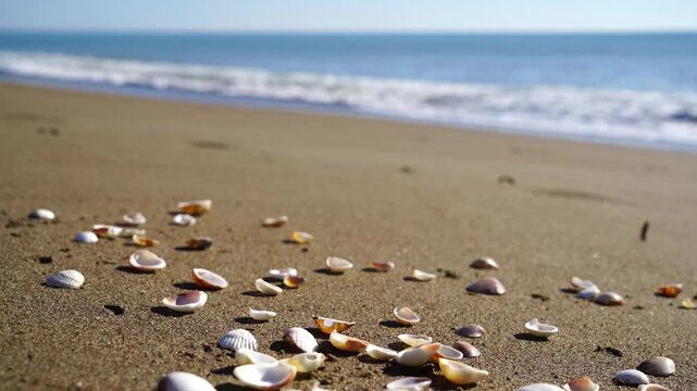 Scattered seashells on golden sand beach with gentle ocean waves in background