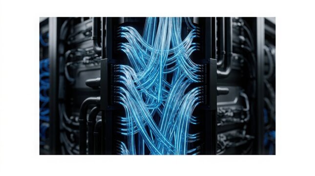 Data center server with glowing liquid cooling pipes