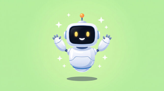 Cute friendly robot character waving hello with a happy expression and glowing eyes, vector illustration on a soft green background