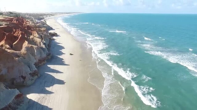 Aerial drone footage of a pristine sandy beach flanked by dramatic red-orange cliffs, turquoise ocean waves rolling ashore under bright daylight