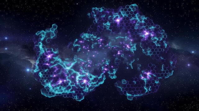 Glowing hexagonal molecular structures rotate and drift through cosmic space, revealing luminous blue and purple scientific animation with sparkling energy and depth