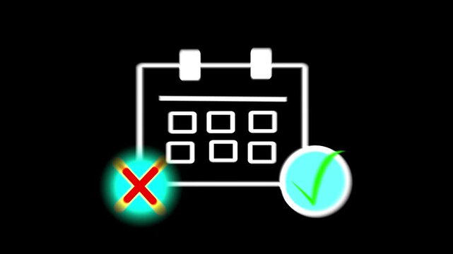 Calendar icon with animated green check mark and red cross symbol 4k, right and wrong choice decision animation, success approval badge and cancel motion graphic black background
