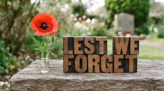 Red poppy flower in glass vase on old rustic wooden table with lest we forget sign.