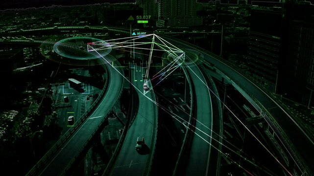 Aerial drone view of smart city traffic intersection with autonomous vehicle telemetry overlay. Smart Mobility  with artificial intelligence autopilot technology and digital lidar radar scan
