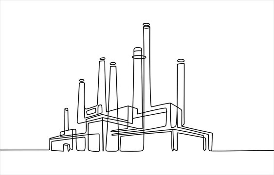 Continuous single line drawing of an industrial factory building with tall chimneys