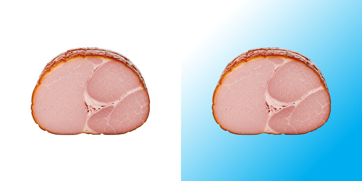 A single slice of fresh pink ham meat isolated on a clean white background for food design
