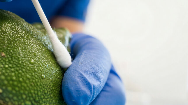 Veterinarian swabbing green tree frog with cotton bud in clinic