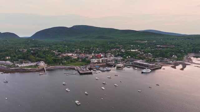 Aerial view of Bar Harbor and Frenchman Bay at dusk in Maine