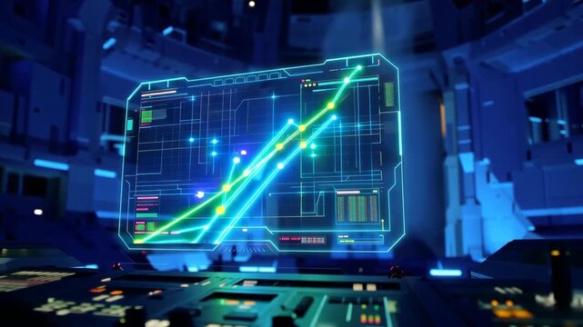 Futuristic holographic analytics display showing glowing data chart progression as a digital rocket launches from advanced control room console