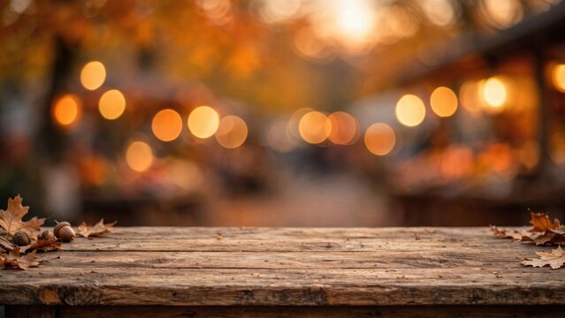 Empty rustic wooden table top with autumn leaves and glowing festive market bokeh background.