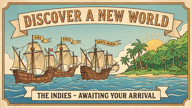 Columbus's three ships (Ni&ntilde;a, Pinta, Santa Maria) approaching a lush tropical island. Text overlay "DISCOVER A NEW WORLD"