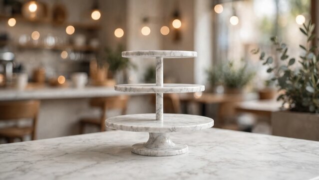 Empty three tier marble dessert stand on a counter in a blurred cafe background.