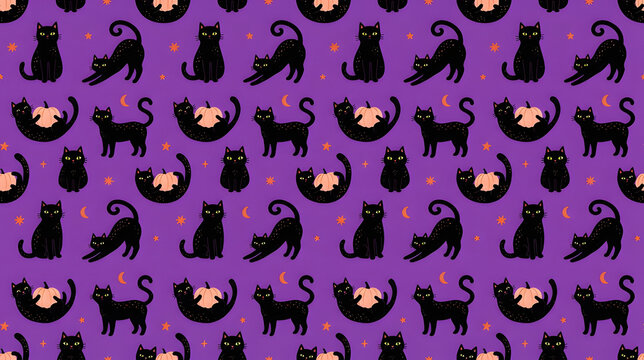 Cute black cat silhouettes seamless pattern on purple background for Halloween and pet lovers