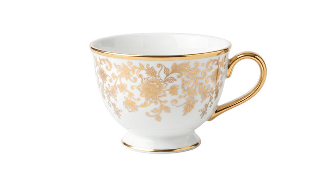 Vintage porcelain teacup with ornate gold floral patterns, elegant white ceramic coffee cup, luxury bone china tableware for high tea isolated PNG with Transparent Background
