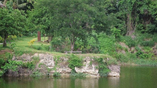 The image depicts a serene riverside scene with lush green trees and foliage surrounding the water's edge