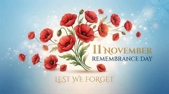 Beautiful illustration of red poppy flowers for november 11 remembrance day lest we forget.