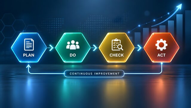 Continuous improvement process flowchart featuring glowing hexagonal plan do check act icons and financial chart