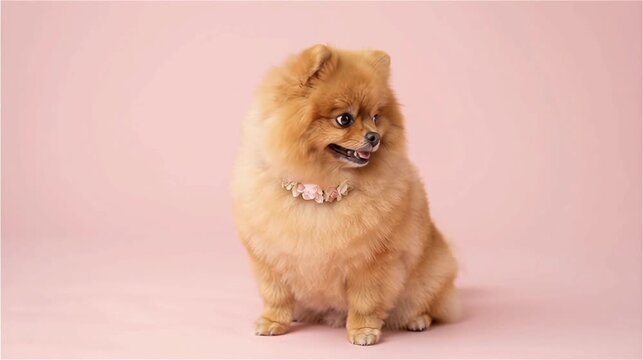 Cute Pomeranian Dog Sitting on Pink Background