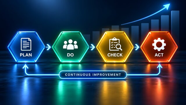 Glowing hexagonal plan do check act continuous improvement process flowchart with financial growth chart