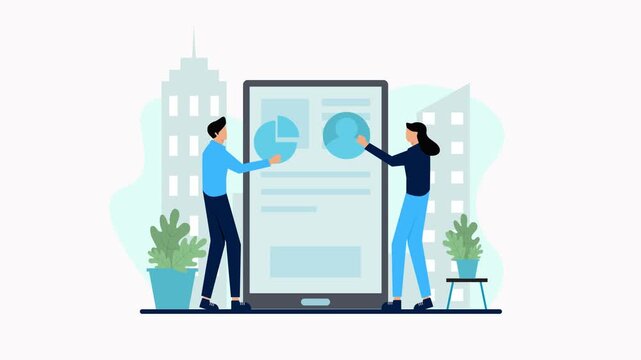 Creative Team Collaborating on Mobile App Analytics - Modern Business Concept Animation