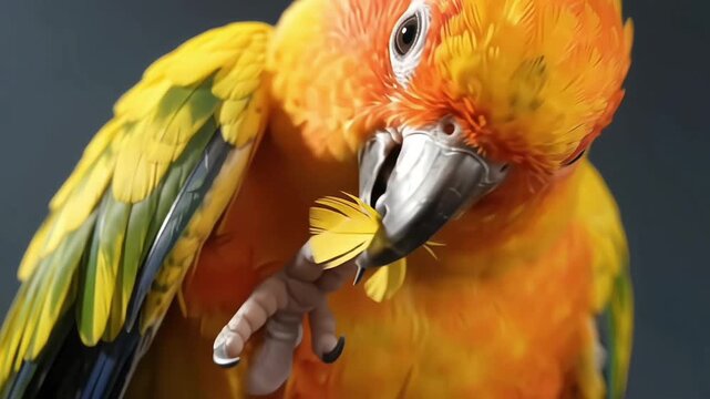 Sun Conure Parrot Preening Feathers  