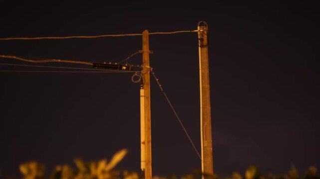 Wooden utility poles with overhead wires at night, illuminated by warm streetlight against dark sky